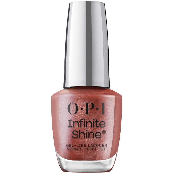 Nagellack i metallisk brun nyans med lila inslag – OPI Infinite Shine Stellar Tips, för en elegant och sofistikerad look.