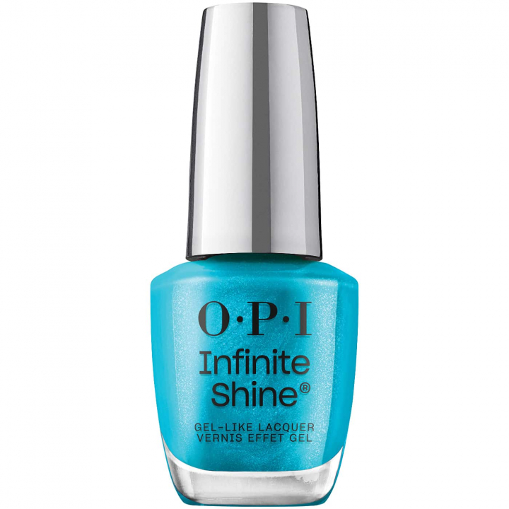 Nagellack i livfull turkosblå nyans med subtilt pärlemorsskimmer – OPI Infinite Shine MillenniYUM, för en fräsch och modern look.