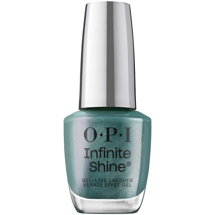 Nagellack i metallisk grön nyans med subtilt skimmer – OPI Infinite Shine Cos-mo Money, för en modern och stilfull look.